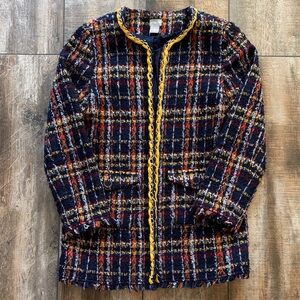 Plaid Tweed Long Jacket with Yellow Trim
